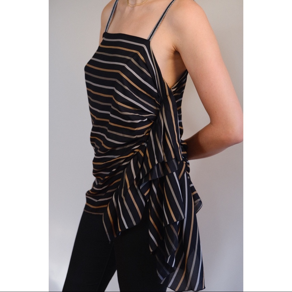 CHLOE Noir Silk Metallic Striped Asymmetric Top